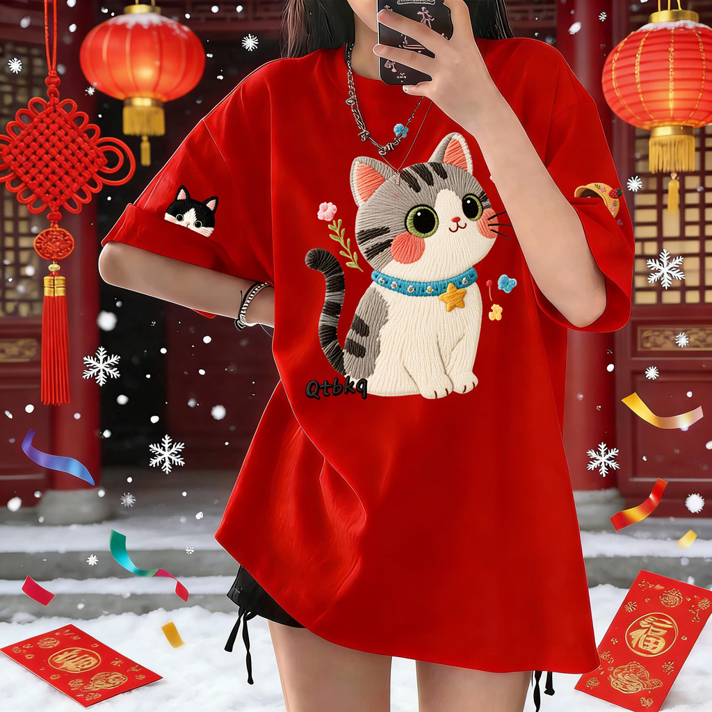 Basi💥เสื้อสีแดง เสื้อปีใหม่ oversize unisex โคตรนุ่ม เสื้อ cotton 100% ไม่หดตัวลาย เสื้อไม่ยับ ลาย 