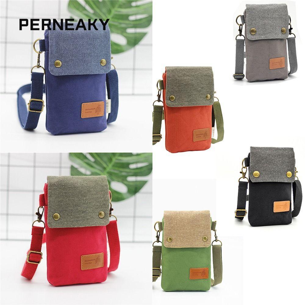 PERNEAKY กระเป๋าสะพายไหล่ ผ้าแคนวาสสีประกบกระเป๋าถือขนาดเล็กกระเป๋าโทรศัพท์ความจุขนาดใหญ่สามชั้นสําหรับผู้หญิง