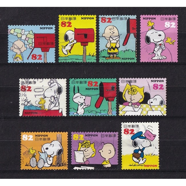 ชุดแสตมป์ไปรษณีย์ญี่ปุ่น 10 ชิ้น - Snoopy & Peanuts Friends 82yen 2014 G89 (10) | มือสอง/CTO