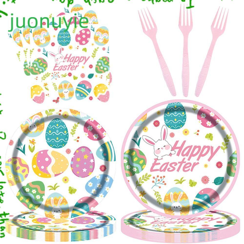 JUONUYIE Easter Disposable Tableware, Plastic Fork Bunny อาหารเย็น, Fashion Dessert Paper Plates Dis