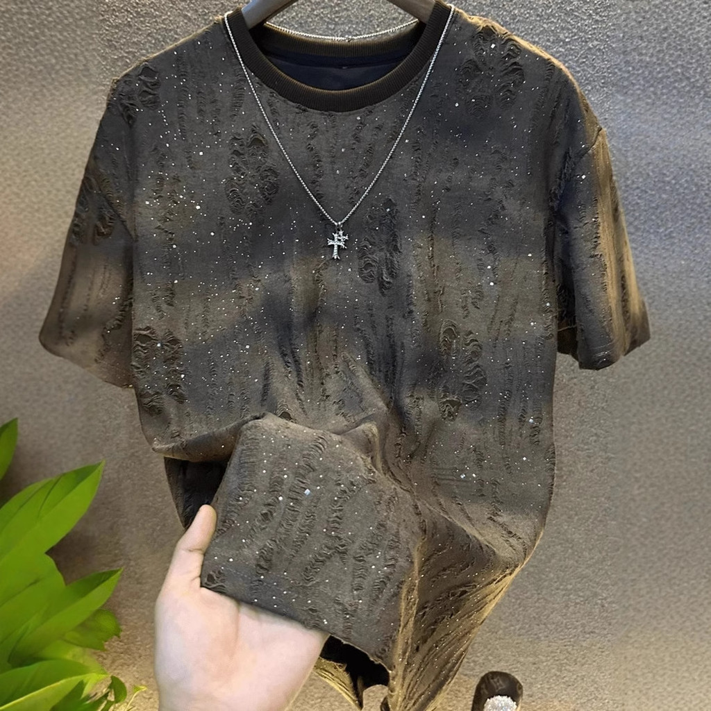 American Heavy เสื้อยืดแขนสั้นผู้ชาย High-End หลวม Street สวมใส่ครึ่งแขนพิมพ์เสื้อยืดผ้าฝ้าย Retro 2