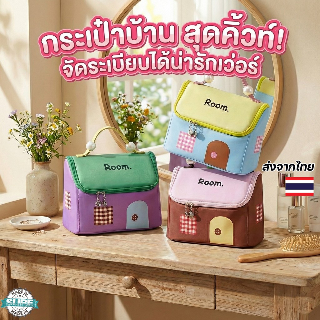 กระเป๋าเก็บเครื่องสำอางทรงบ้าน สีพาสเทลน่ารัก พกพาสะดวก มีหูจับ แข็งแรง เก็บของได้จุใจ ใส่ได้หลากหลาย