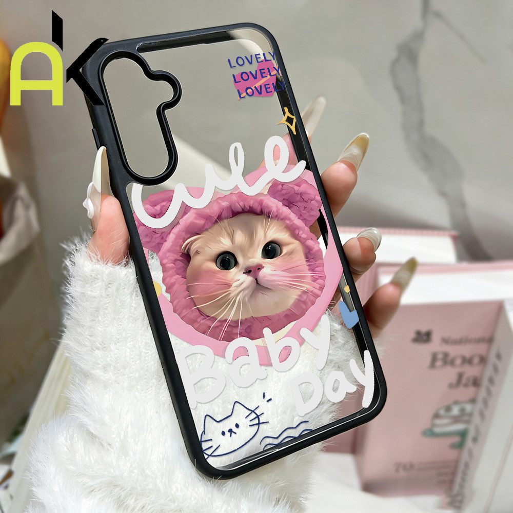 แมวดำสีชมพู เคส for Samsung A56 A07 A17 A36 A16 A15 A14 A13 A12 A05 A06 A34 A35 A54 A55 S23 S24 S25 S26 Ultra