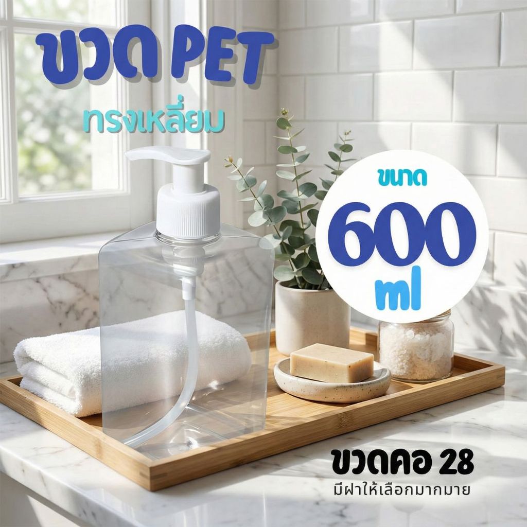 ขวดปั๊มสบู่ ยาสระผม ทรงสี่เหลี่ยม ขนาด 600ml
