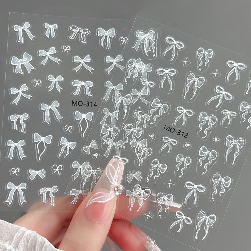 3d Kawaii สีชมพูสีดําสีขาวยาวริบบิ้น Bowknot เล็บ Diy สติกเกอร์ตกแต่ง Self กาว Decals B2t1