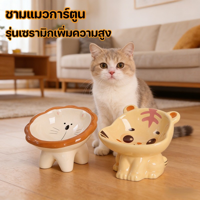 ชามแมว ชามเซรามิคสำหรับสัตว์เลี้ยง ปกป้องคอ การ์ตูนน่ารัก เพิ่มความสูง ชามสัตว์เลี้ยง