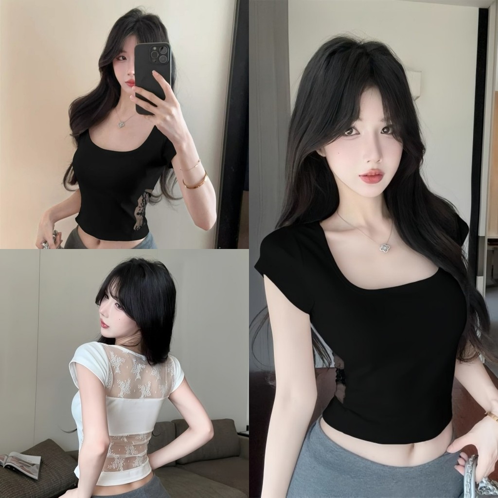 Evelyn เสื้อยืด สีทึบ ลูกไม้ เข้ารูป เซ็กซี่ ผ้านิ่ม เสื้อแขนสั้นผู้หญิง สไตล์เกาหลี แฟชั่น พร้อมส่ง