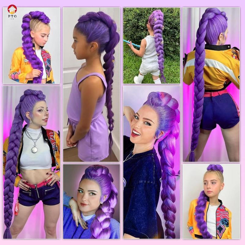 [pto] 26 นิ้วคอสเพลย์วิกผม KPOP Rumi ยาวสีม่วงถักชุดอุปกรณ์เสริม DIY หางม้า Braid วิกผมสังเคราะห์ทนค