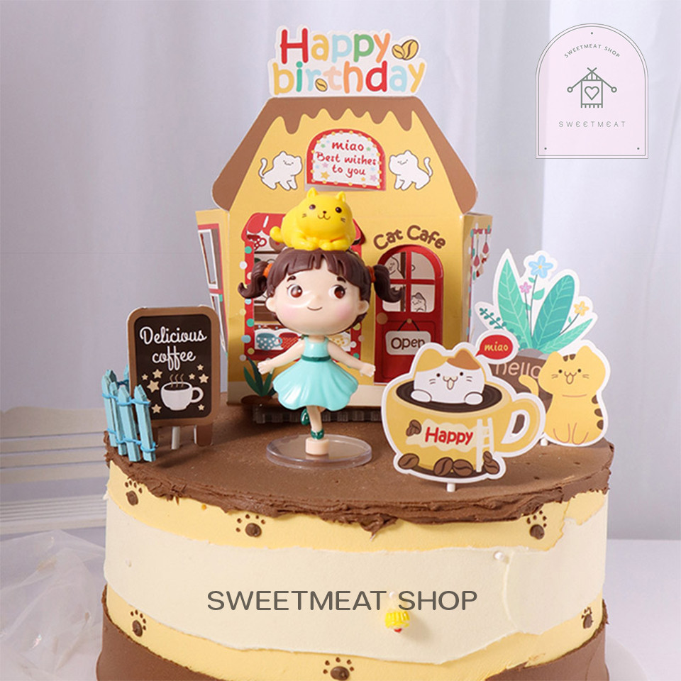 [พร้อมส่งจากไทย🚛📦] ตุ๊กตา แต่งเค้ก เด็กหญิงมัดแกละมีแมวบนหัว