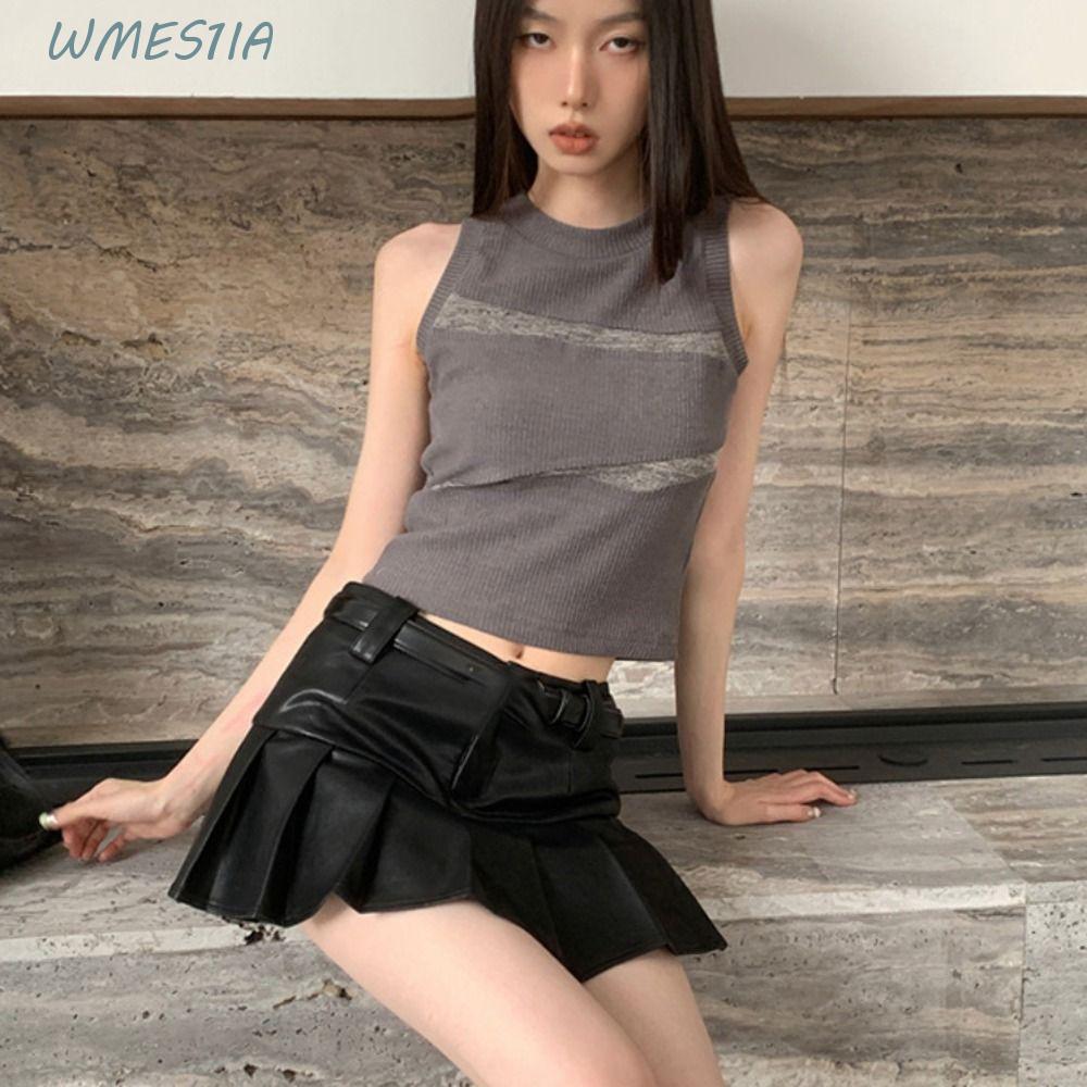 WMES1IA Slim Crop Top,รอบคอY2Kเสื้อกั๊กผู้หญิง,แฟชั่นPatchwork Tank Streetwearแขนกุด Camisoleฤดูร้อน