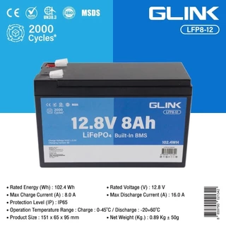GLINK Life PO4 Battery แบตเตอรี่ 12.8V 8A มีระบบ BMS ในตัว รุ่น LFP8-12