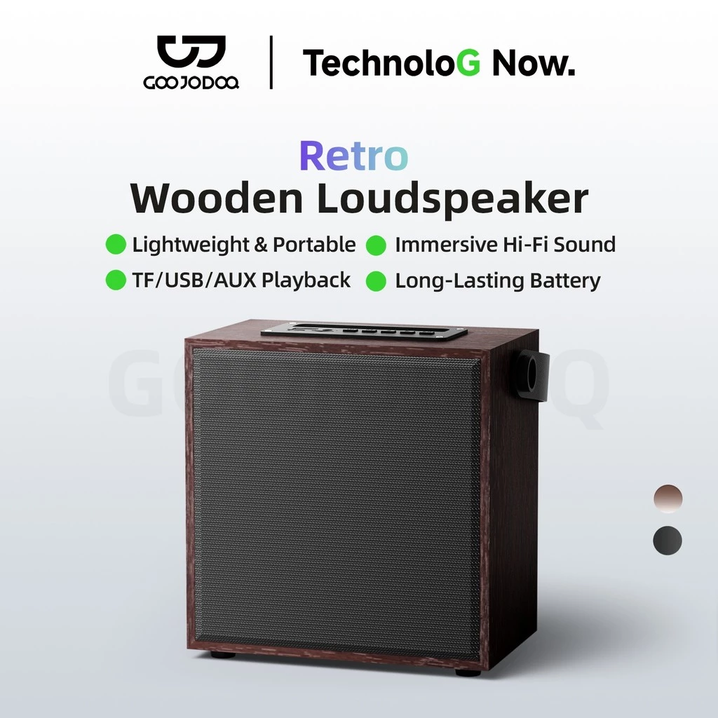 GOOJODOQ ลําโพงไม้ย้อนยุค Immersive Hi-Fi Sound TE/USB/AUX Playback แบตเตอรี่ใช้งานได้ยาวนาน