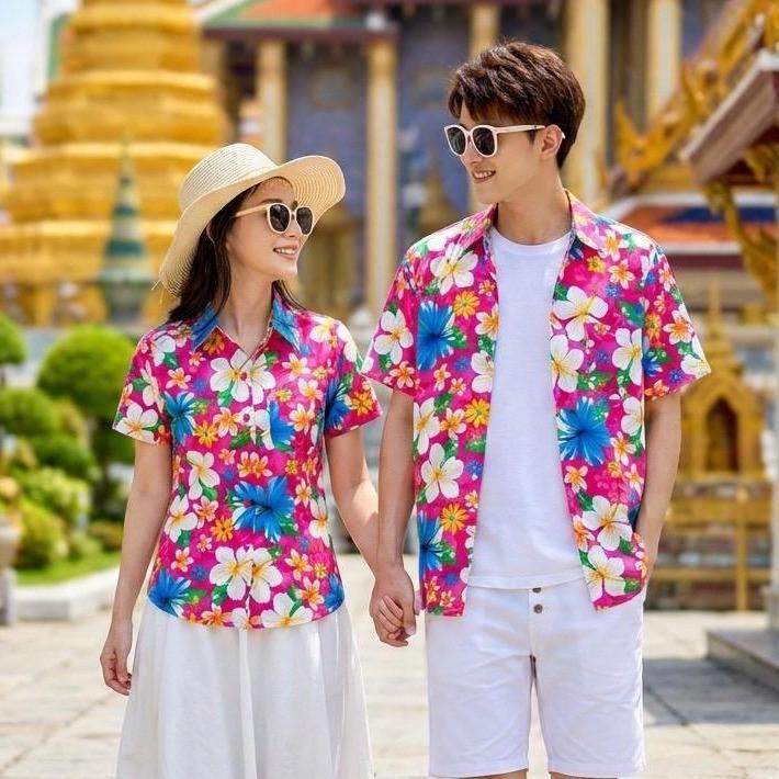 018 เสื้อเชิ้ตลายดอก ผ้าคอตตอน100% สีไม่ตก ผ้าไม่หด ลายคมชัด มีไซส์หญิงชาย S-5XL งานไทย ส่งจากไทย*1ตัว* รูปที่ 2