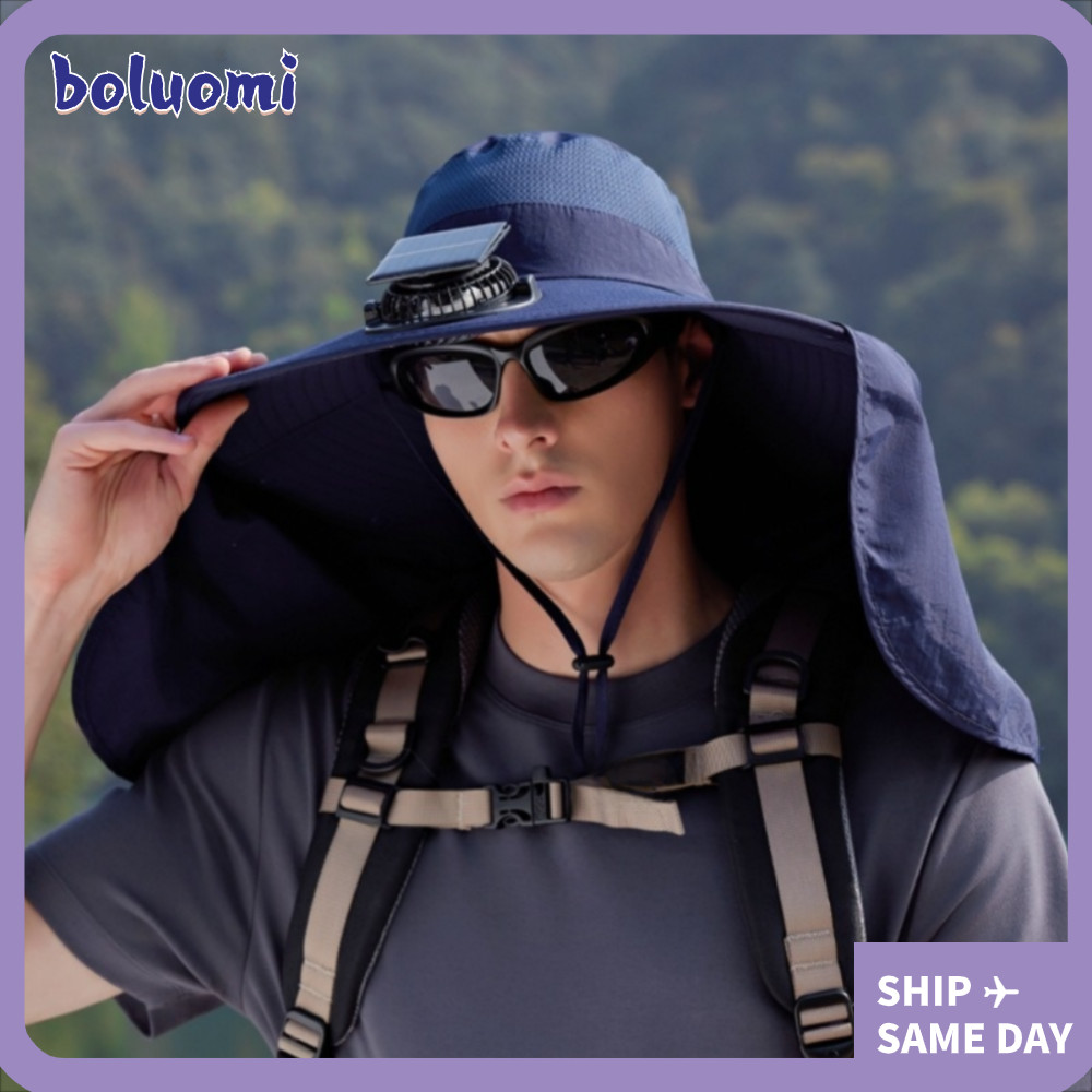 หมวกกันแดดร่มรื่นสำหรับกลางแจ้ง ดีไซน์โบลูโอมิ มาพร้อมพัดลมระบายอากาศและขอบคอที่ถอดได้ ป้องกัน UV UV