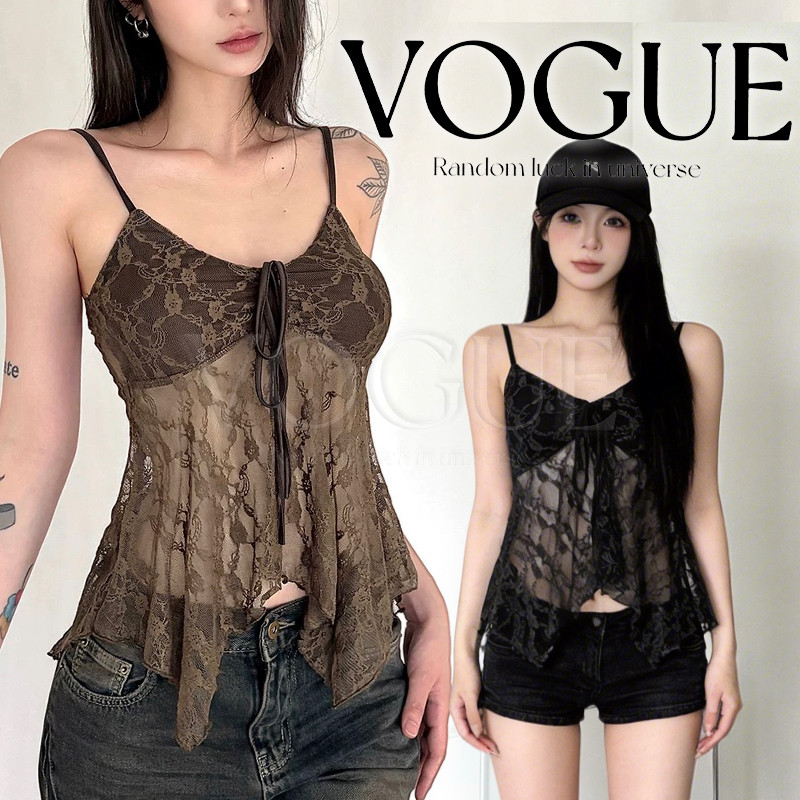 Vogue🌟พร้อมส่ง🌟 เสื้อสายเดี่ยว  ดีไซน์โบว์ผูก ผ้าลูกไม้โปร่งบางเบา ต้อนรับซัมเมอร์ (FY9093#1)