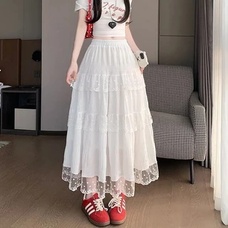 ชุดกระโปรงยาวสไตล์ฝรั่งเศส สีขาว ตัดเอวสูง พวงแก้มปุยหรูหรา สำหรับใส่ลำลอง