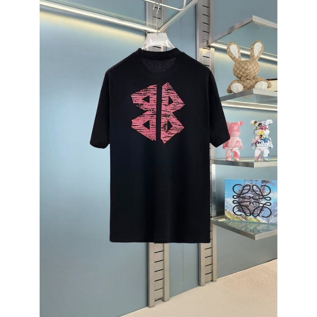 BALENCIAGA/BALENCIAGA คลาสสิกรอบคอแขนสั้นเสื้อยืดผู้ชายผู้หญิงหนา Impervious กีฬา 2-Line ฐานด้านในเค