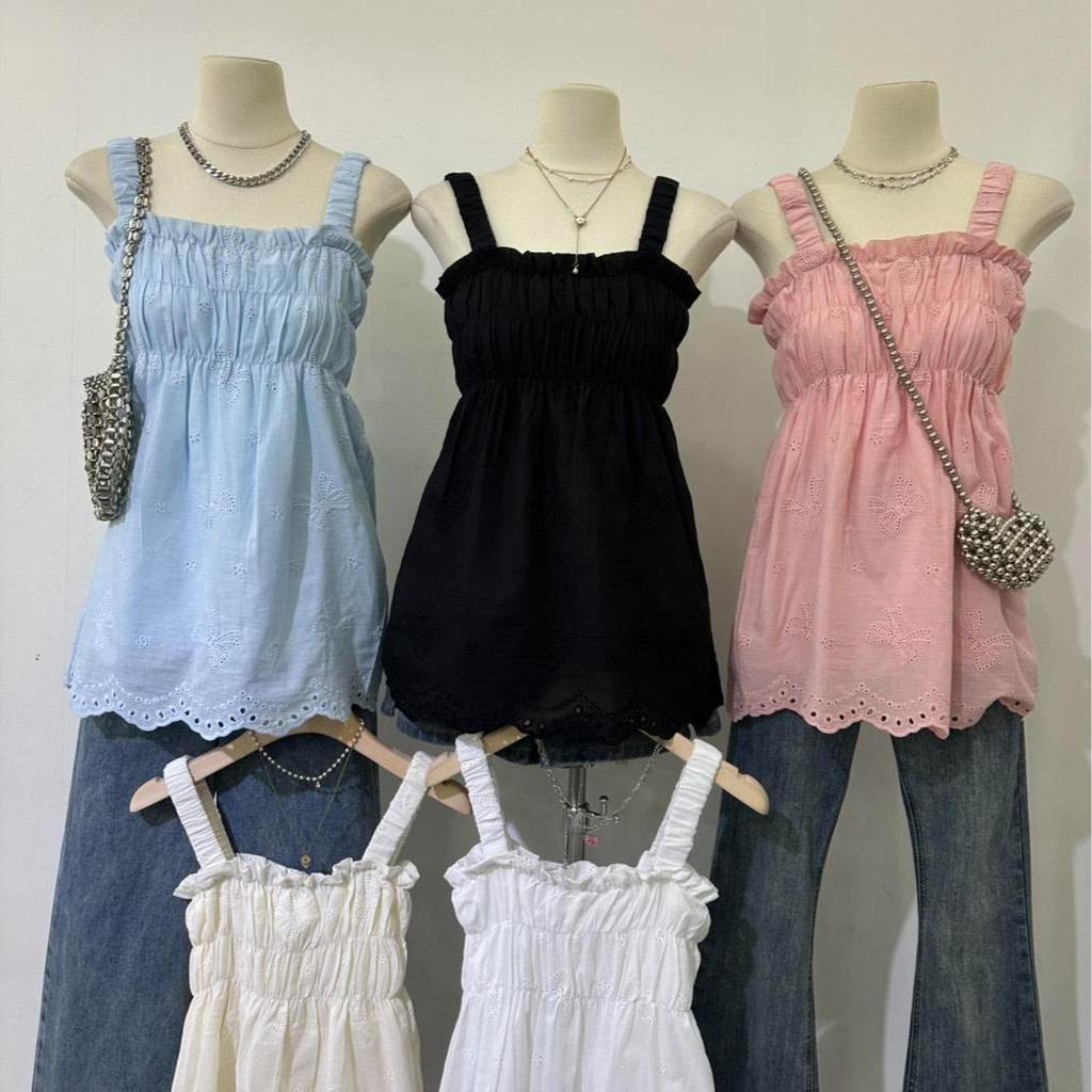 KN.Clothes เสื้อสายเดี่ยวตัวยาว แต่งสม็อคหน้าอก สายยางยืด เนื้อผ้าคอตตอนปักฉลุ MATINEE