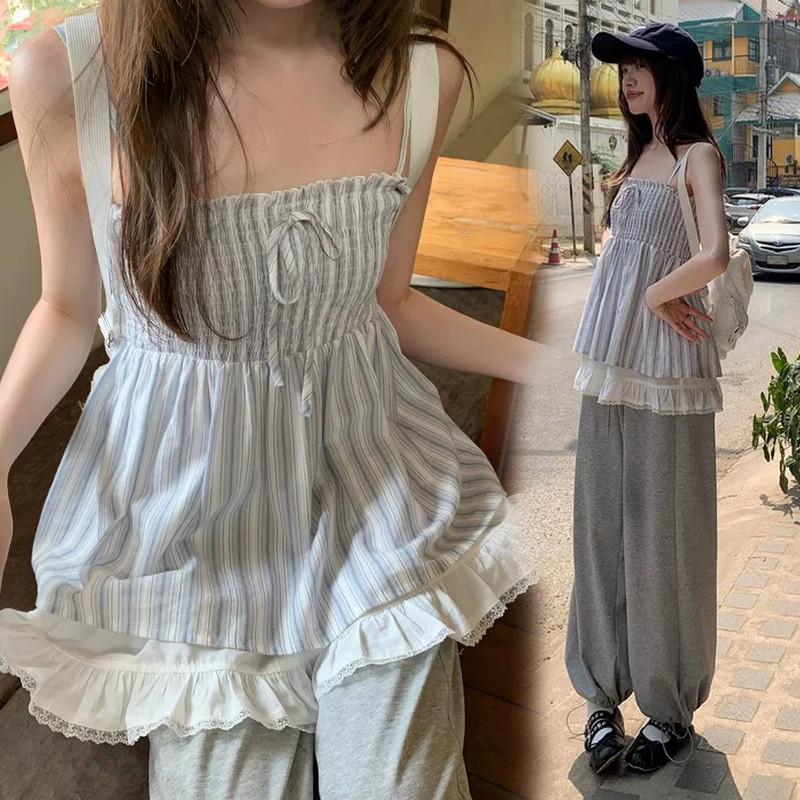 Cuties 💖 W675  เสื้อสายเดี่ยวแต่งลูกไม้ ตัวยาว  เสื้อยืดโบว์ลูกไม้สไตล์ฝรั่งเศสผู้หญิง ทรงสวยแมทง่าย น่ารัก