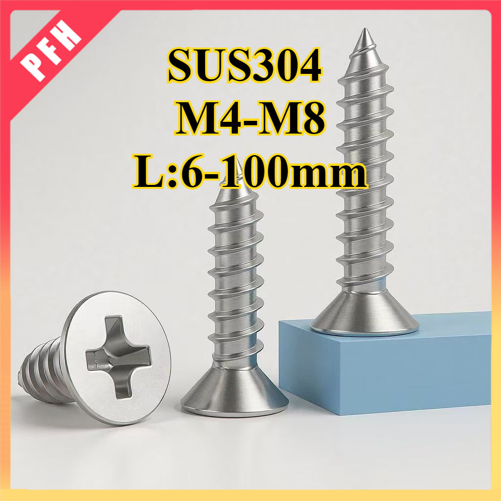 สกรูเกลียวปล่อยสแตนเลส 304 สกรูหัวจมแฉก สกรูหัวไม้หัวแบน M4/M4.2/M5/M5.5/M6/M8 (ZH-PFH)