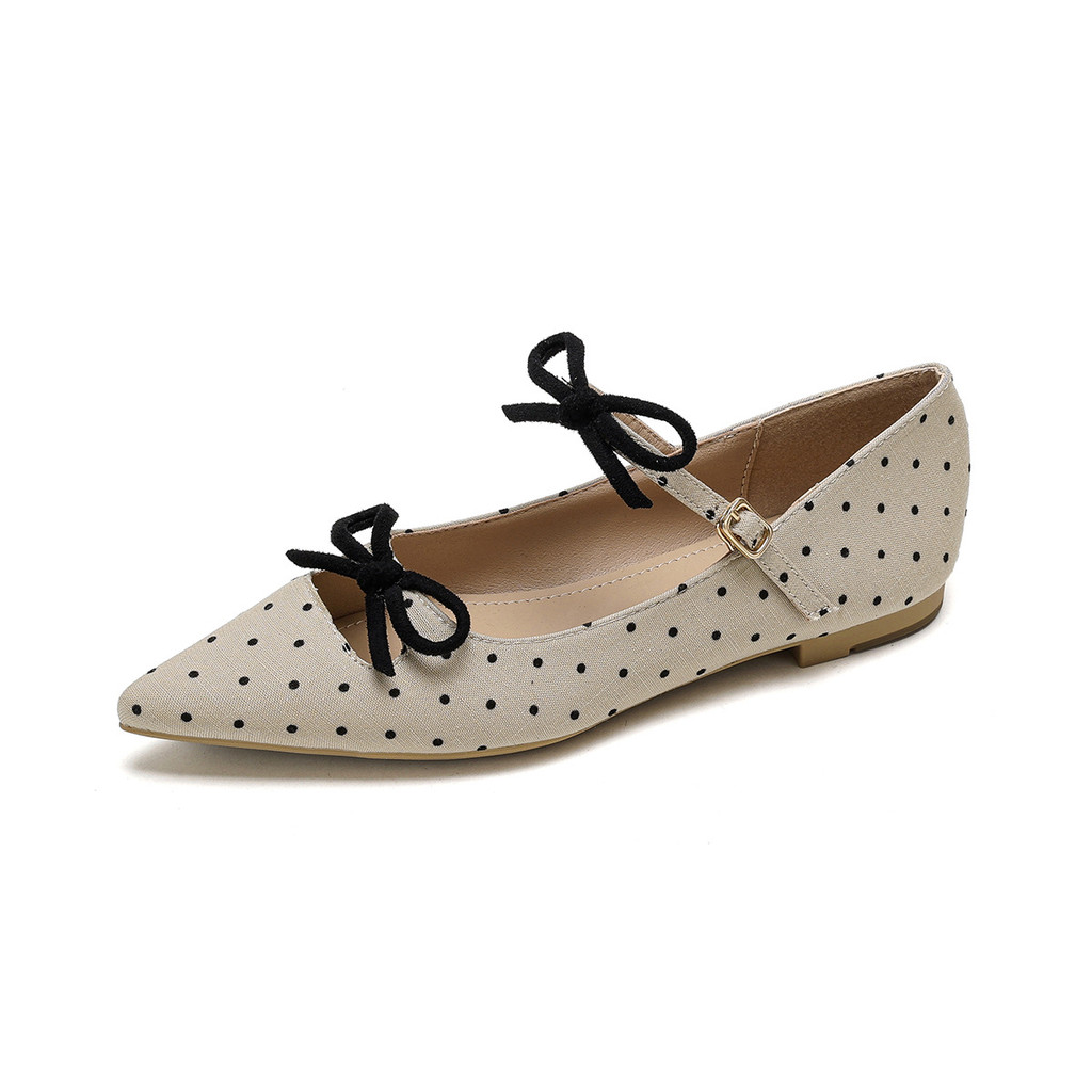 ATA Pointed Toe Polka Dot หญิงโบว์ปากตื้นสายคล้องคอรองเท้า Soft Sole