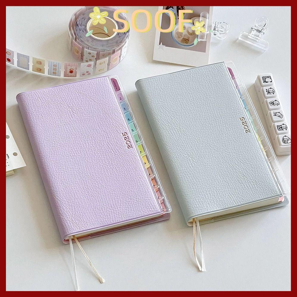 SOOF Agenda Book, Index สีสันสดใสพร้อมปฏิทิน 2026 Planner, DIY 220 หน้า PU Leather Appointment Book อุปกรณ์การเรียน
