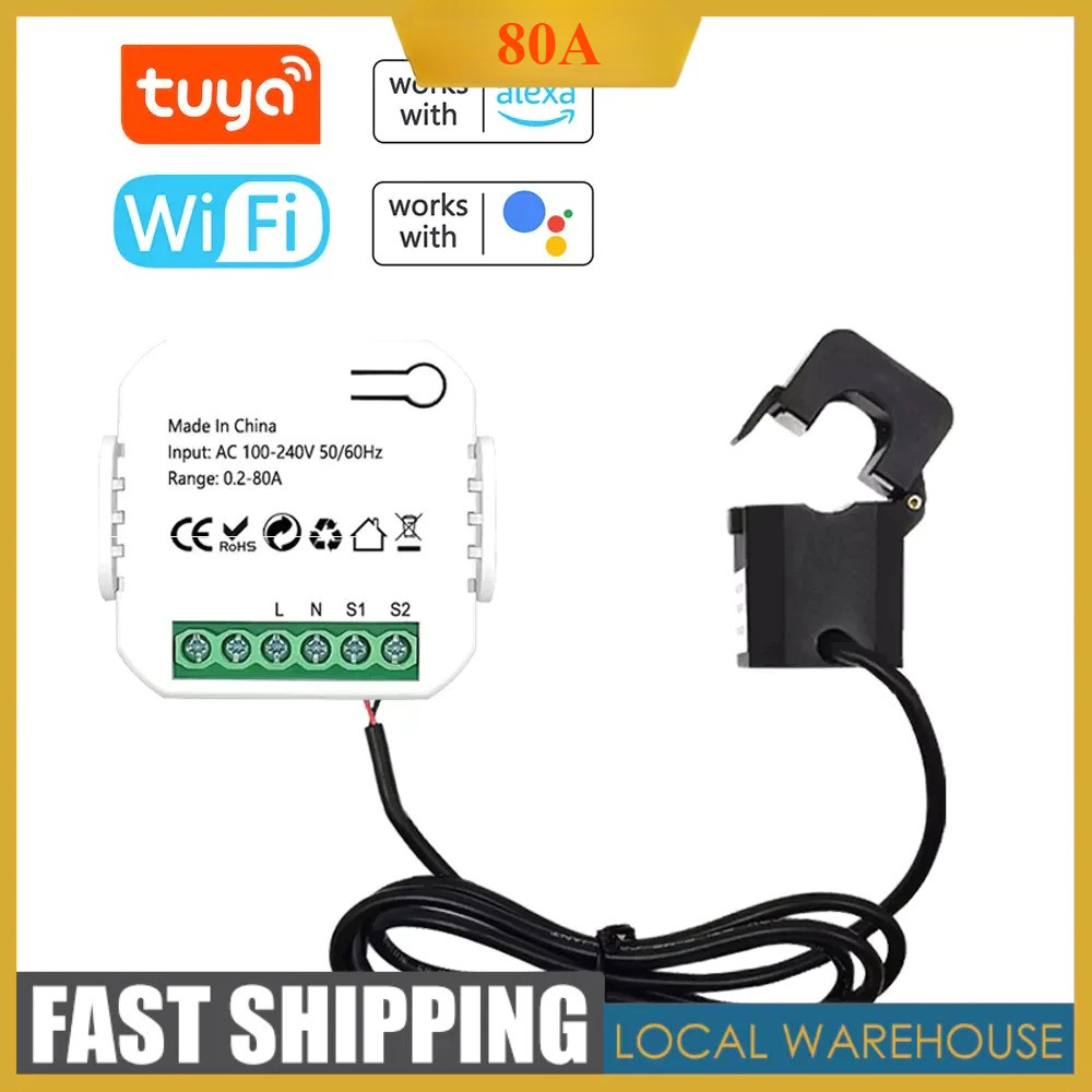 Tuya Smart Life WiFi เครื่องวัดพลังงานดิจิตอล 80A พร้อมเซ็นเซอร์หม้อแปลงปัจจุบัน Clamp App