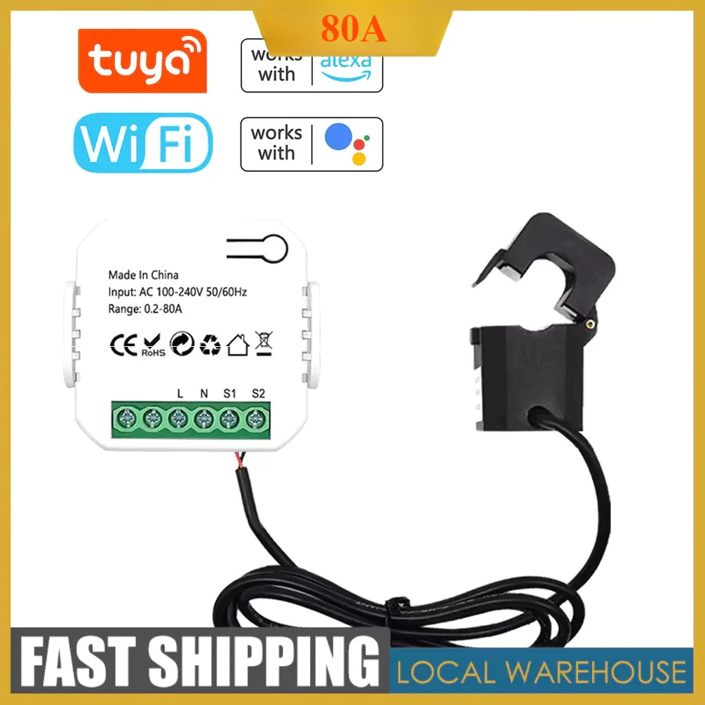 Tuya Smart Life WiFi เครื่องวัดพลังงานดิจิตอล 80A พร้อมเซ็นเซอร์หม้อแปลงปัจจุบัน Clamp App