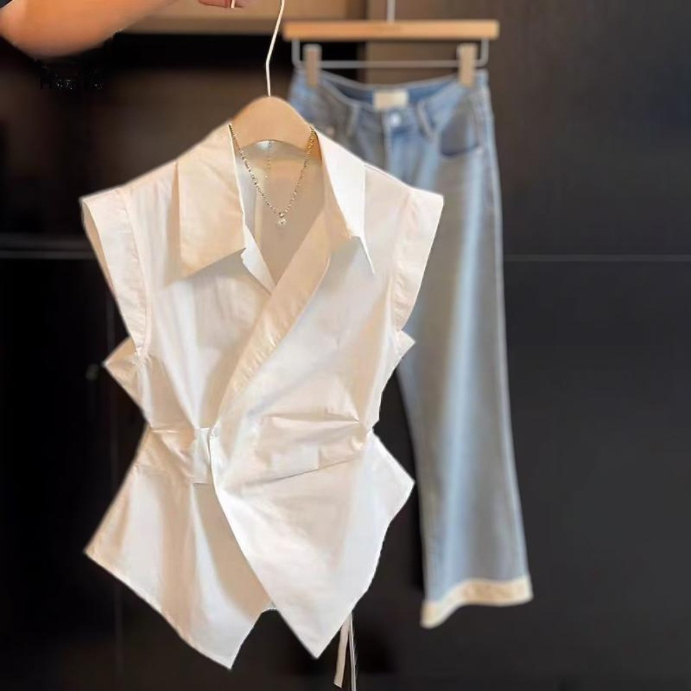 เสื้อเชิ้ตแขนกุดสไตล์ฝรั่งเศสสุดหรู ดีไซน์เข้ารูปช่วงเอว