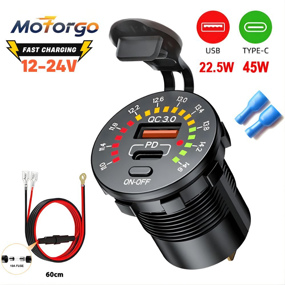 QC3.0 & Type-C 45W Dual USB Fast Charger Outlet - ซ็อกเก็ตกันน้ําพร้อมโวลต์มิเตอร์ LED และสวิตช์เปิด