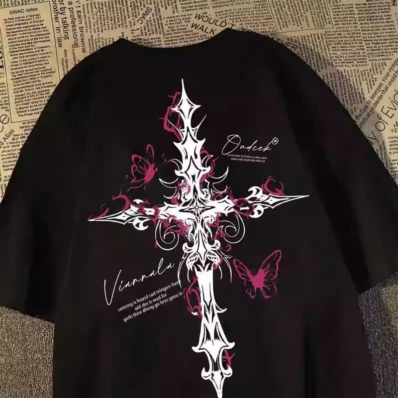 ZY 2026 เสื้อยืดแขนสั้นพิมพ์ลายไม้กางเขนสไตล์อเมริกันสำหรับผู้ชายและผู้หญิงเสื้อแขนสั้นหลวมฤดูร้อน