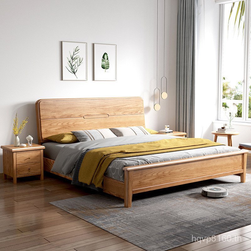 เตียงอพาร์ทเมนต์ขนาดเล็ก Nordic Double North อเมริกันไม้เตียง Log สี Oak 1.8m สไตล์ 1.5m เฟอร์นิเจอร