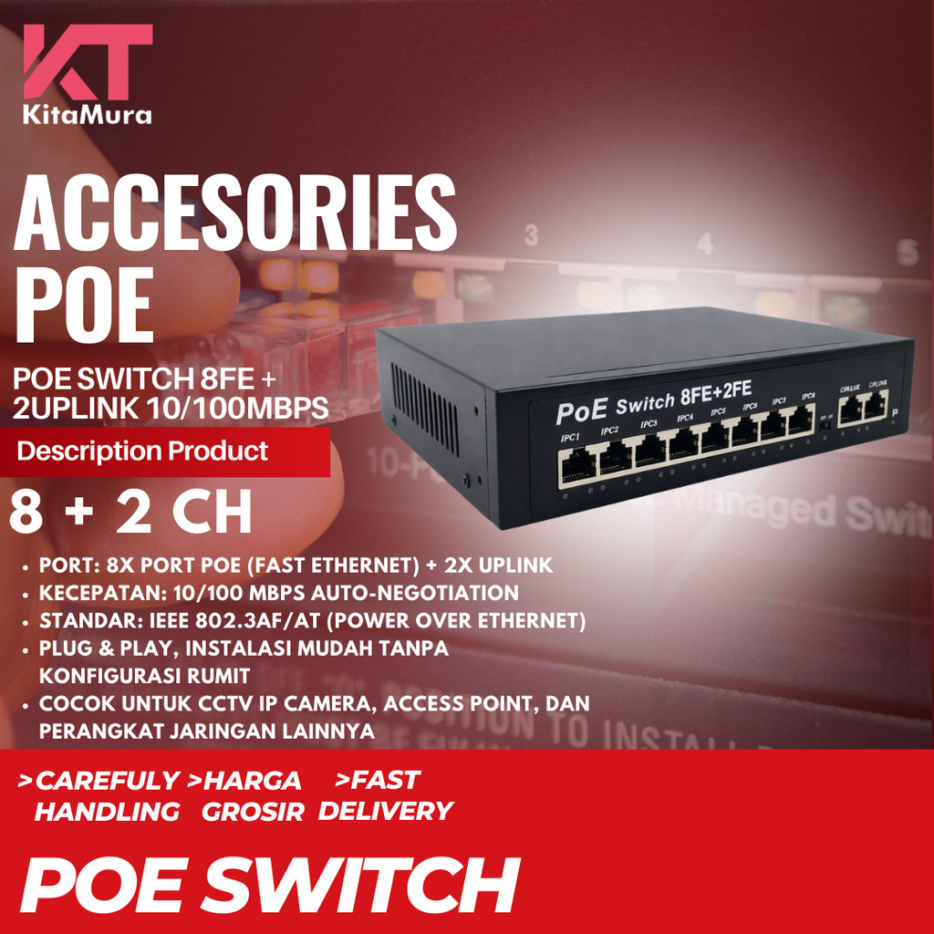 POE Switch 8 Port 2 Uplink 10/100Mbps Hub LAN กล้องวงจรปิด IP Camera