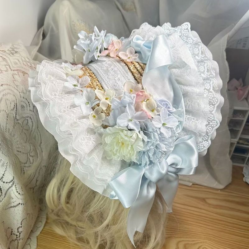 [lolita Pastoral Style] Original National Style Flower Design Hat Bonnet Style lolita Straw Hat/Bead