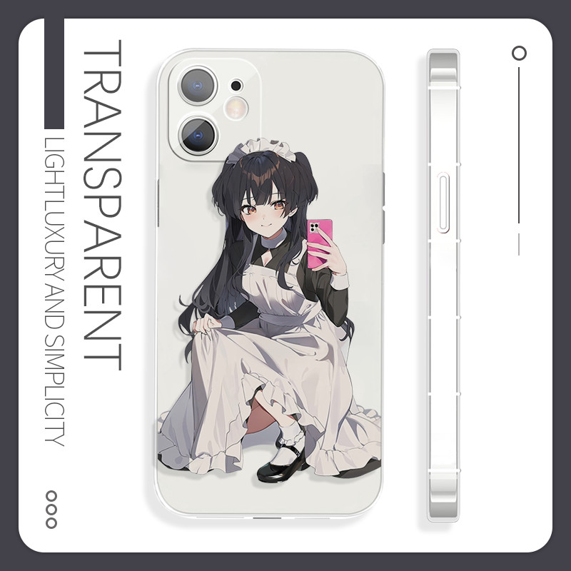 Squat Selfie ผมสีดํากระโปรงสีขาวชุดแม่บ้าน Apple 16 เคสโทรศัพท์เหมาะสําหรับ 15pro Xiaomi 14OPPOa3 Re