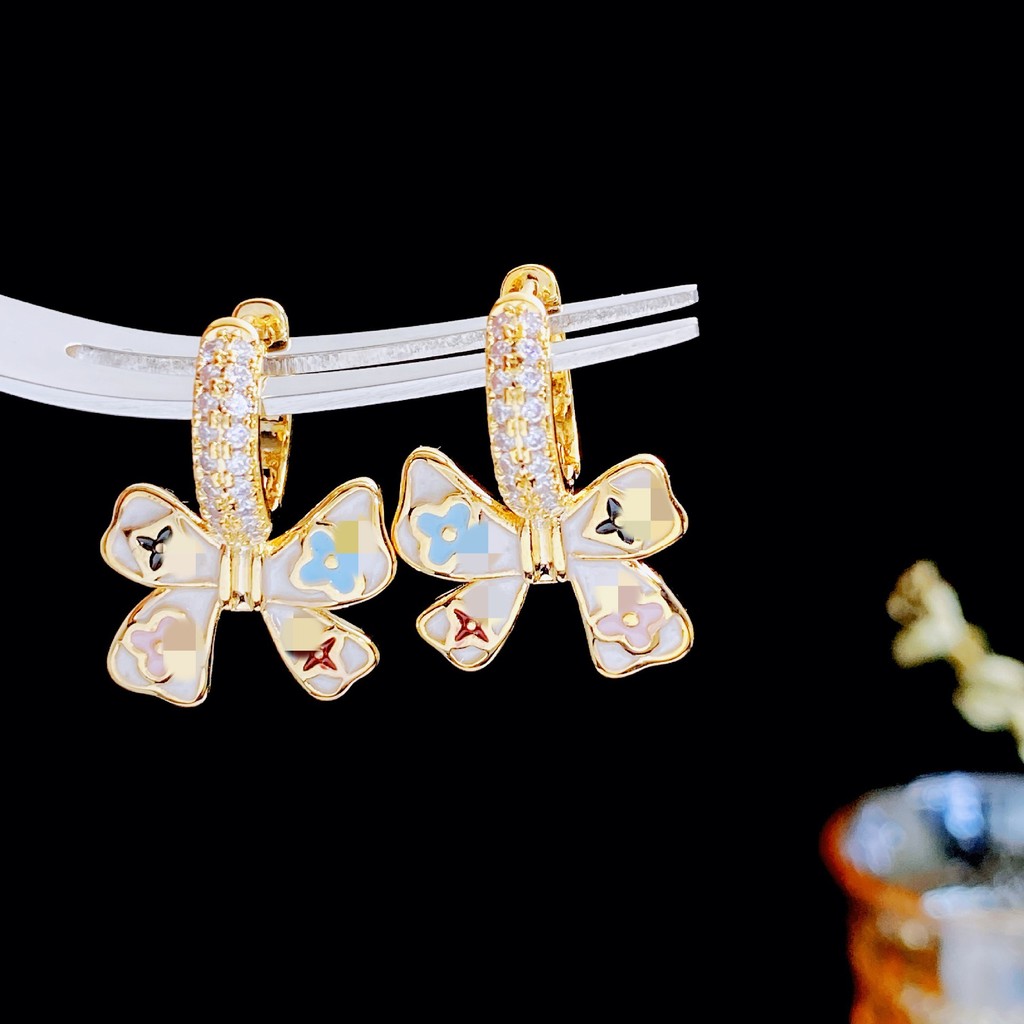 ต่างหู ทองแดงชุบ 18K Gold สี Drop Glaze Bow Knot ต่างหูเพชรสุภาพสตรีเครื่องประดับ
