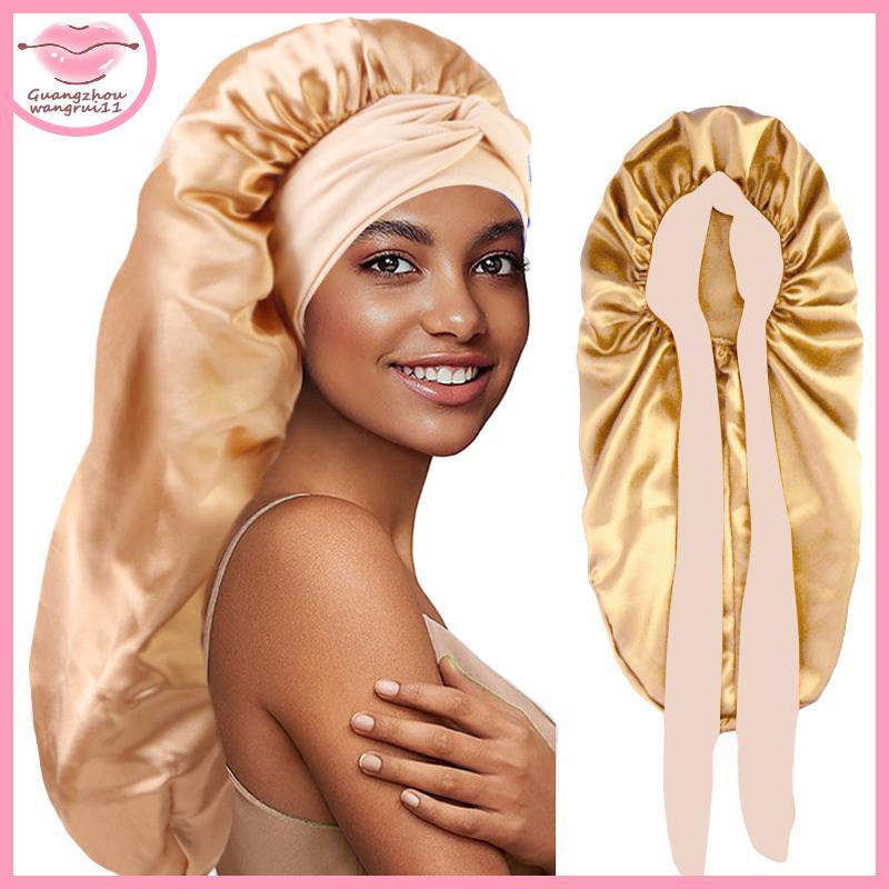 [GZ] ผู้หญิงยาวขนาดใหญ่ยืดหยุ่นซาติน Bonnet Sleeping หมวกริบบิ้น Breathable Sleeping หมวก Turban Sleep Headwear s TH