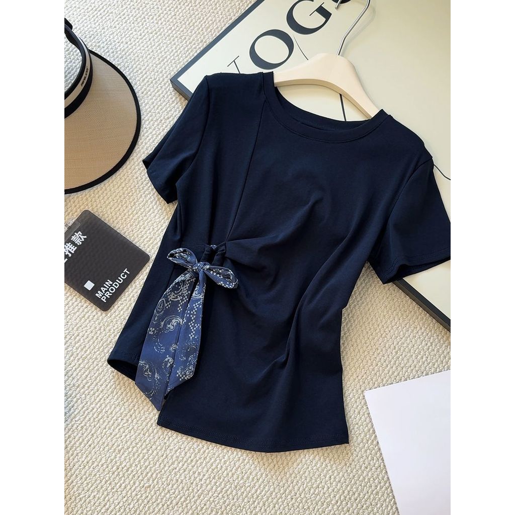 ไหล่ Lace-Up cod Tie Laced-Up fashion2025 ดูหญิง t แขนสั้น Positive Design แยกเสื้อใหม่ด้านข้างบางรอ