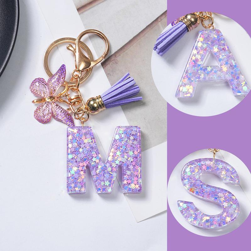 ลายดาวสีม่วง, อักษรย่อ 26 ตัว, จี้พู่ผีเสื้อ, พวงกุญแจ, ของตกแต่งกระเป๋า, อุปกรณ์ตกแต่งรถยนต์, ของขวัญ