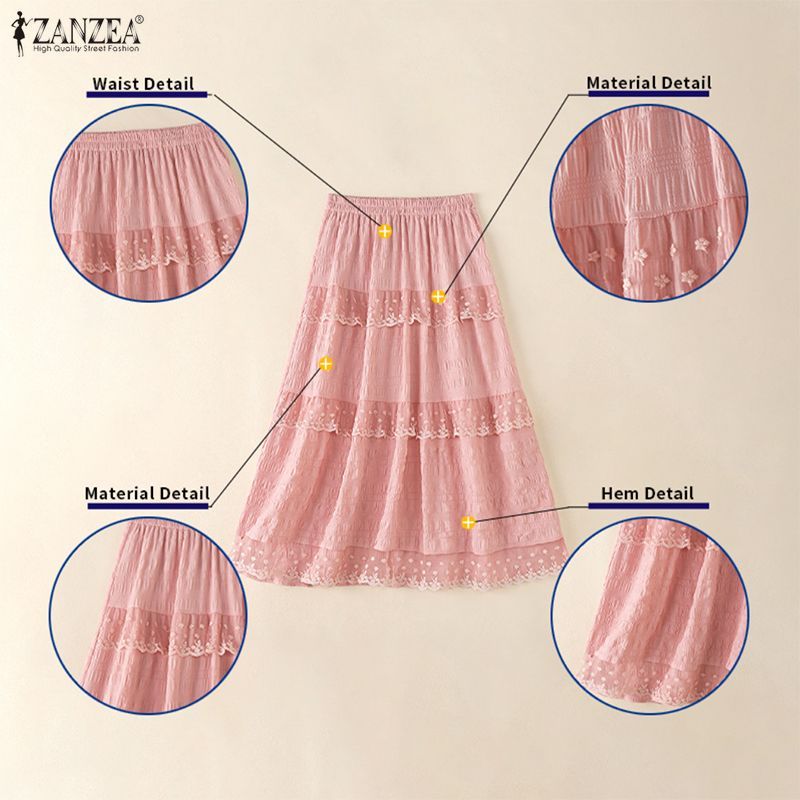 ZANZEA ผู้หญิงเกาหลีหวานอ่อนโยนอารมณ์เอวยางยืด Layering ลูกไม้ Splicing A-Line Oversirt — صورة 7