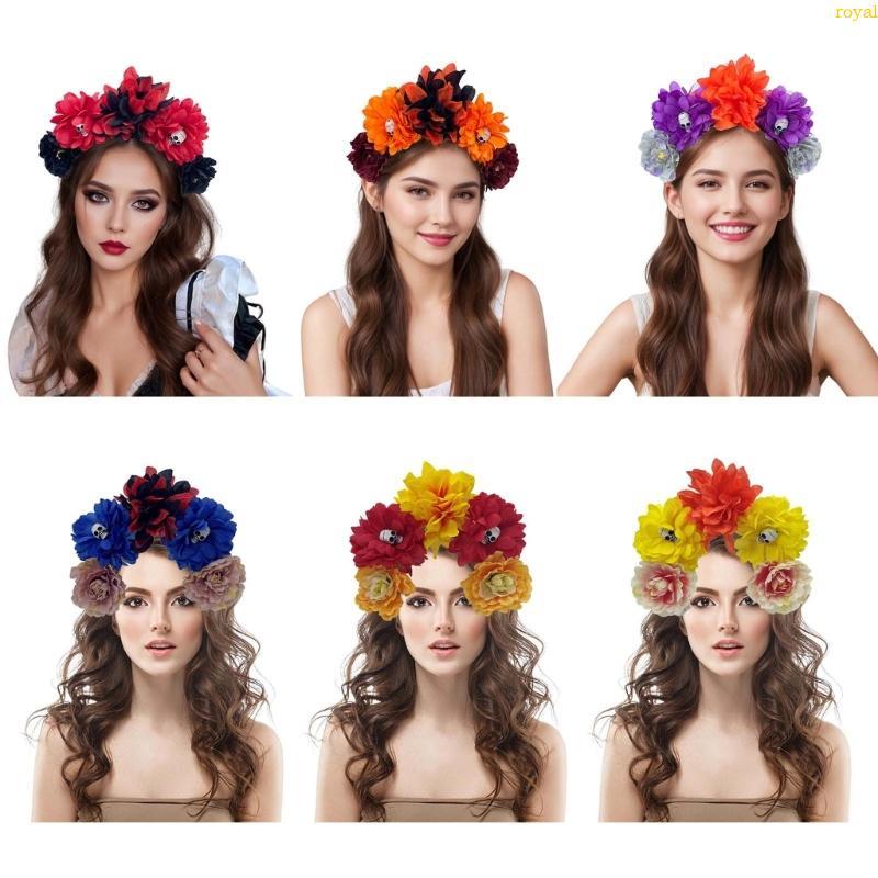 (ส่วนลดสูง)oyalking.th Handmade Skull Headband Girl Witch Headwear Skull Dark Flower Fursuit Masquer