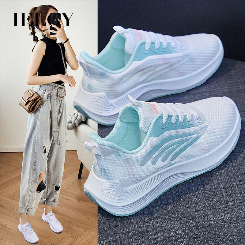 JB1 IELGY 2024 Blue Korean Edition Breathable Flying Weaving รองเท้าผู้หญิงนักเรียนวิ่งรองเท้าผ้าใบผ