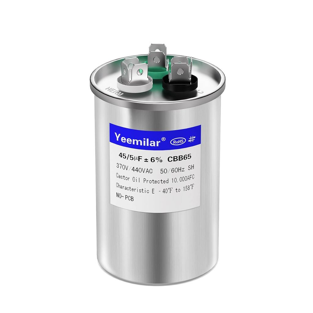 45+5 uF 45/5 MFD ±6% 370V/440V CBB65 AC Capacitor, Dual Run Round Capacitor สําหรับ HVAC มอเตอร์สตาร