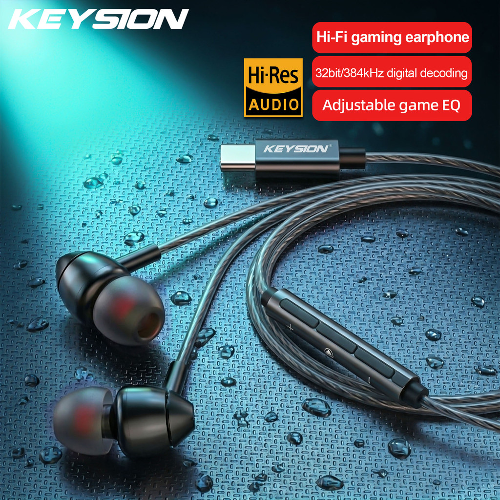 KEYSION Type-C HiFi เกมหูฟังชนิดใส่ในหู EQ ปรับ 32bit/384kHz DAC ฮาร์ดแวร์ถอดรหัส Heaphone USBC โทรศ
