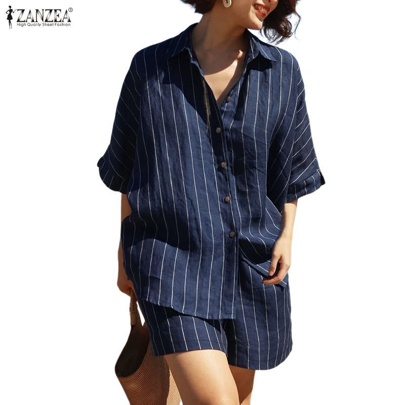 ZANZEA ชุดทำงานสไตล์เกาหลี แขนสั้น กระดุมหน้ากว้าง ชุดสองชิ้นสำหรับใส่ที่ออฟฟิศและลำลอง