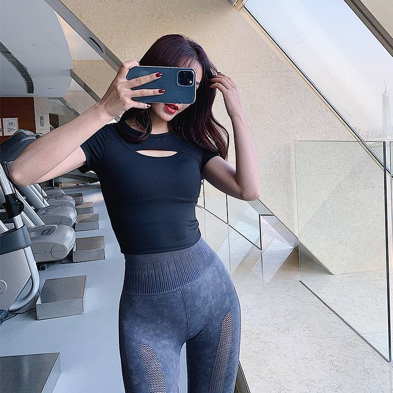 Summer Women's Yoga Clothes Sexy Outerwear Hollow T-shirt Skinny Short Navel Running Fitness Short S