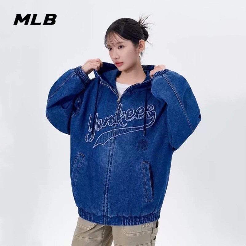 MLB NY ปักโลโก้ Retro Mens Washed Denim Jacket