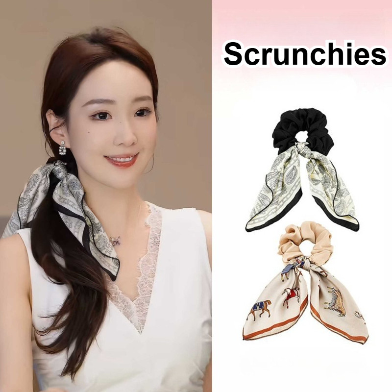 Scrunchie พิมพ์ลายแฟชั่น เครื่องประดับผมแบบBow สไตล์หรูหราสำหรับผู้หญิง