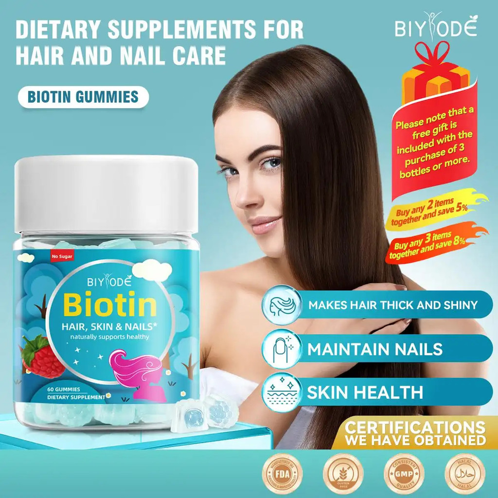 BIYODE Gummies เพิ่มความสวยงามและความเงางามของเส้นผม | มี 5000mcg Biotin, 200mg คอลลาเจน และวิตามิน 