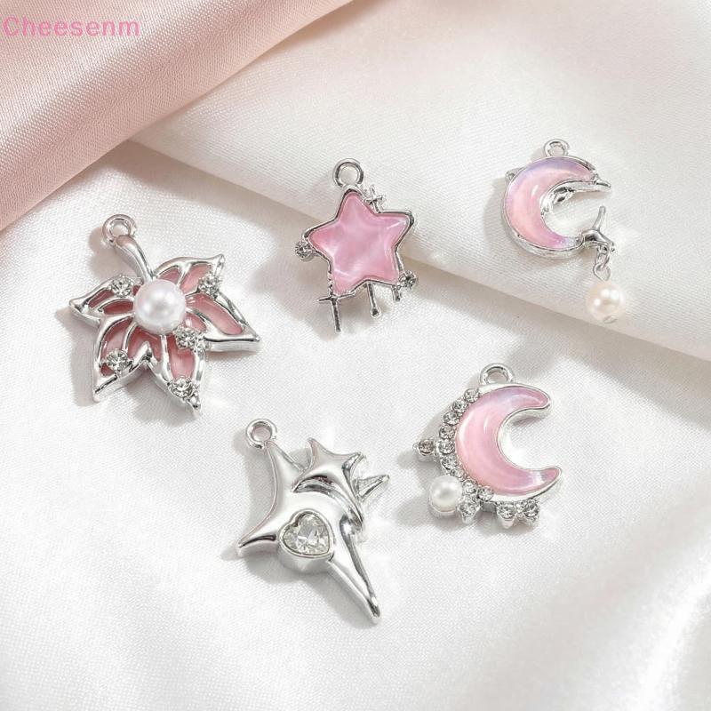 ชิ้นส่วนสร้อยข้อมือ DIY 10 ชิ้น สไตล์โมเดิร์น Rhinestone Star และ Moon ฝังเรซินสีชมพู